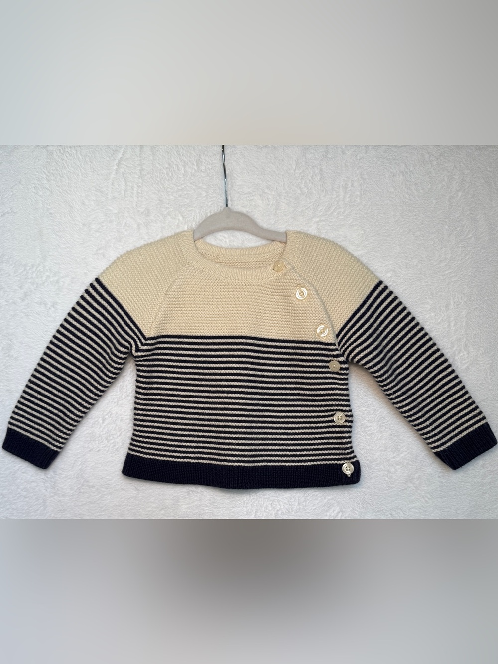 🤍 Baby Gap Navy & Cream Striped Button Sweater – 6–12M